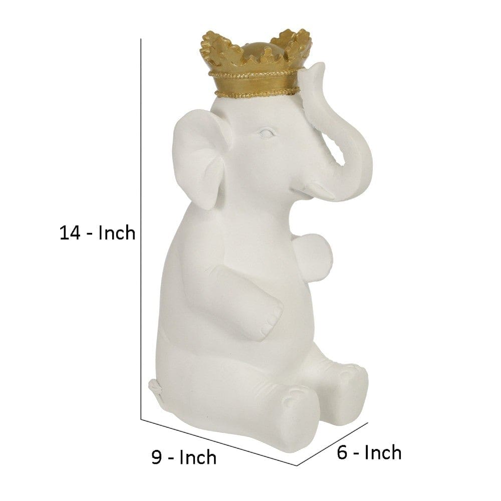 Sitting Elephant Accent Decor with Crown Top White By Casagear Home BM263841