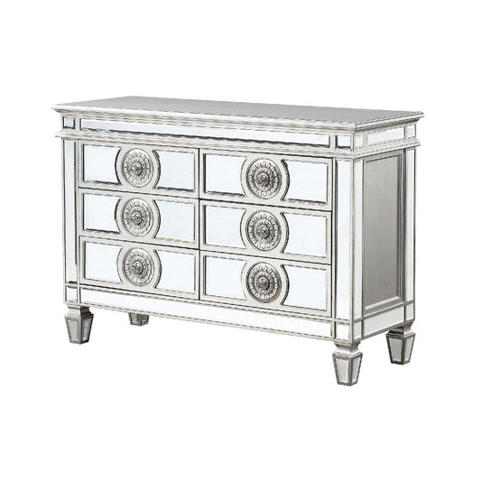 Server with 6 Mirrored Drawers and Medallion Front, Silver By Casagear Home