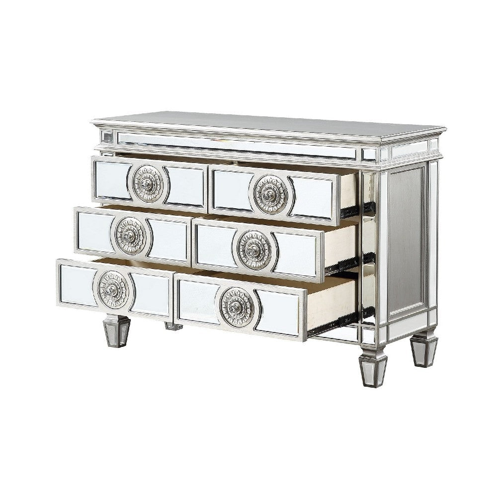 Server with 6 Mirrored Drawers and Medallion Front Silver By Casagear Home BM263895