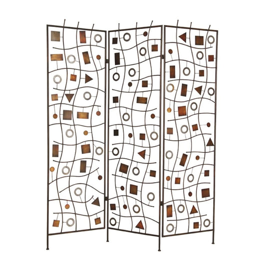 Foldable Metal Screen with Geometrical Design and 3 Panels, Brown - BM26500 By Casagear Home