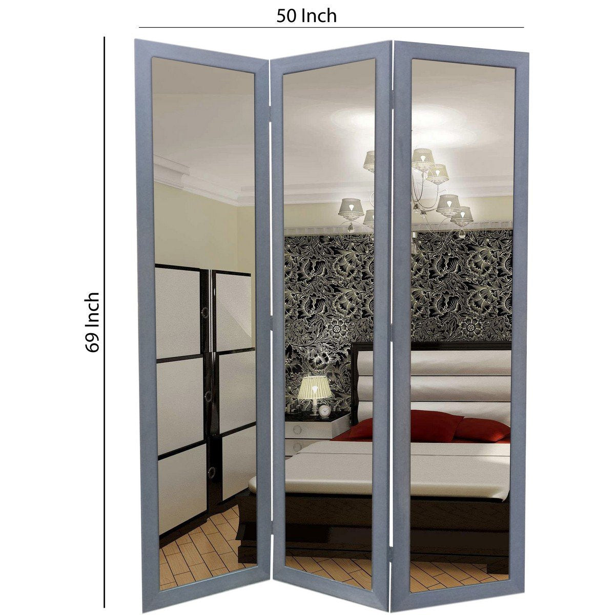 50 X 69 3-Panel Mirror Encased Room Divider,Gray and Silver By Casagear Home BM26591