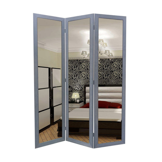 50" X 69" 3-Panel Mirror Encased Room Divider,Gray and Silver By Casagear Home