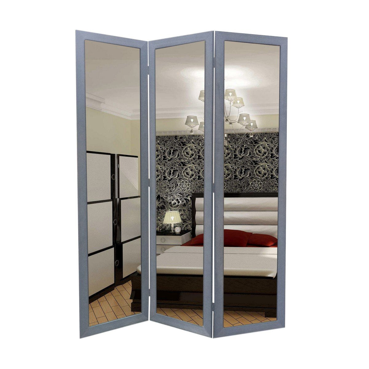 Vivian Room Divider | 3 Panel | Mirror Encased | Light Gray & Silver