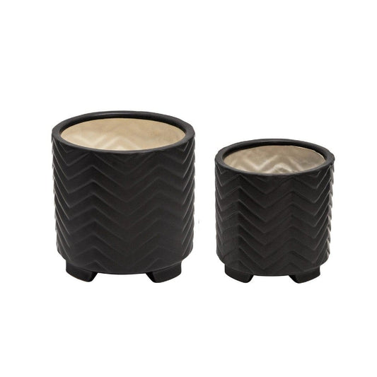 Footed Planter with Ceramic and Chevron Pattern, Set of 2, Black By Casagear Home