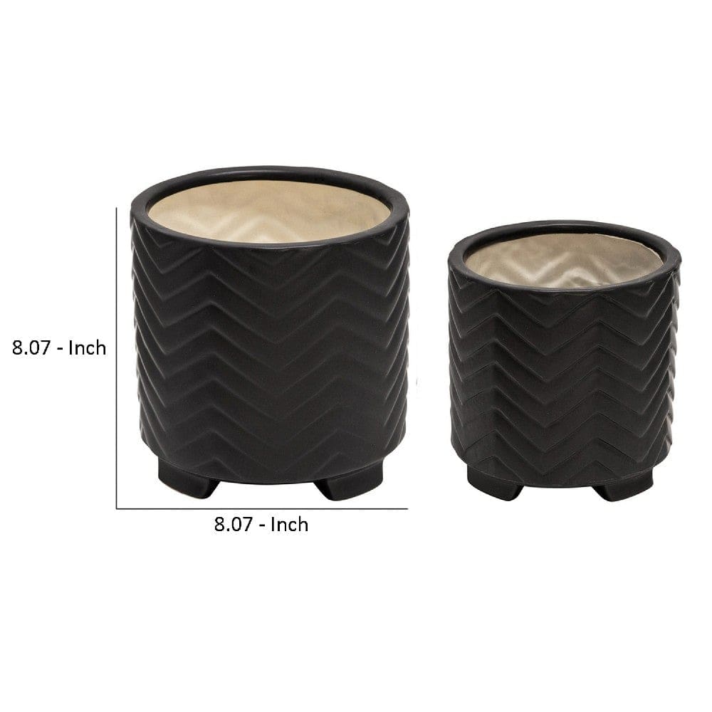 Footed Planter with Ceramic and Chevron Pattern Set of 2 Black By Casagear Home BM266227