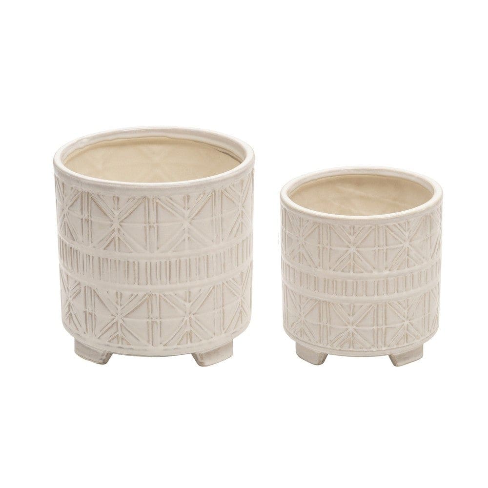 Footed Planter with Ceramic and Geometric Pattern, Set of 2, Beige By Casagear Home