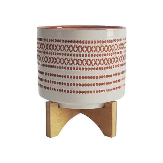 Ceramic Planter with Engraved Tribal Pattern and Wooden Stand, Large, Orange By Casagear Home