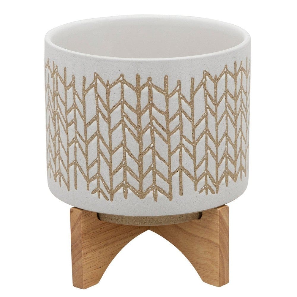 Planter with  Chevron Pattern and Wooden Stand, Large, Off White By Casagear Home