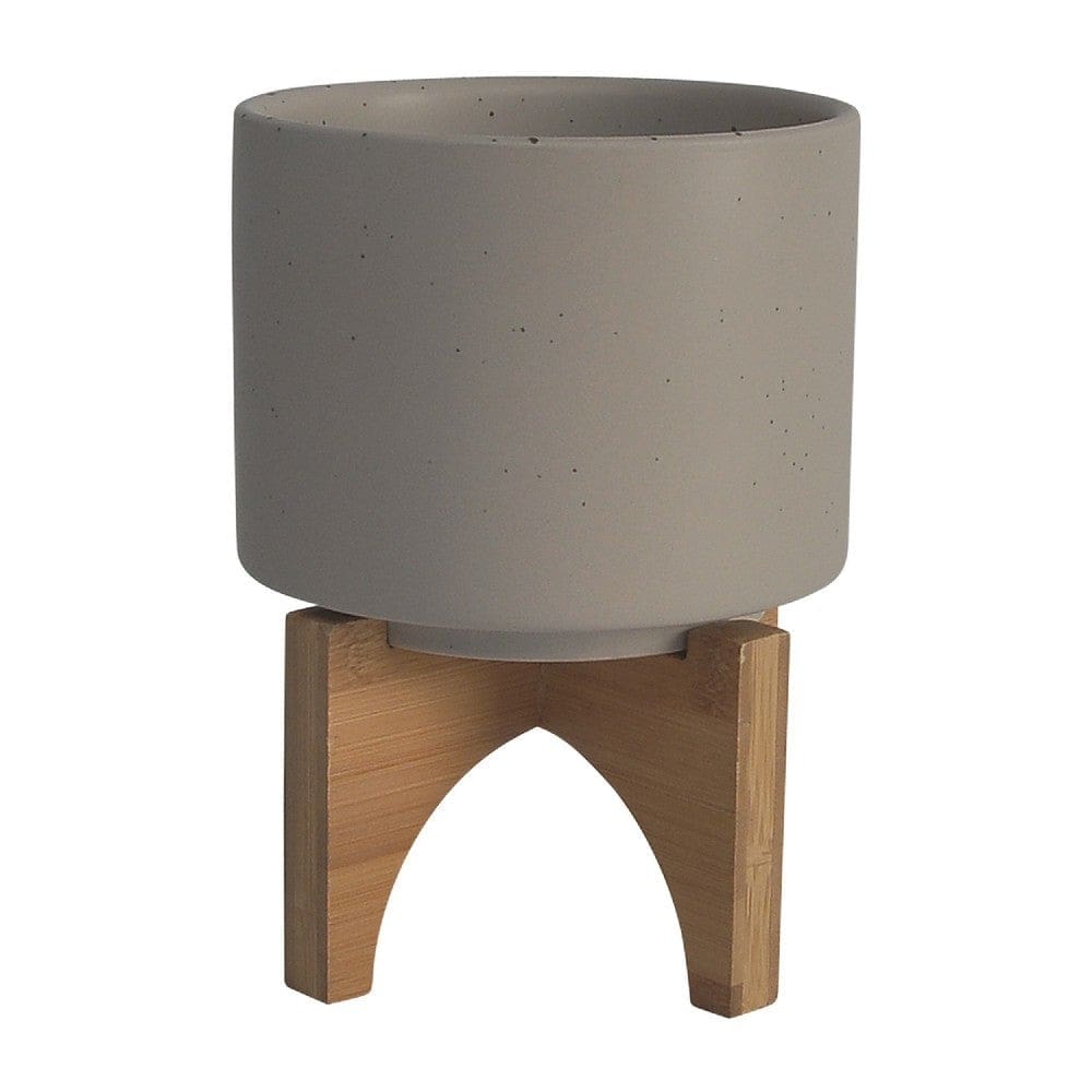 Ceramic Planter with Terrazzo Design and Wooden Stand, Gray By Casagear Home