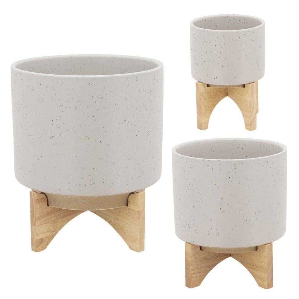 Ceramic Planter with Terrazzo Design and Wooden Stand Gray By Casagear Home BM266248