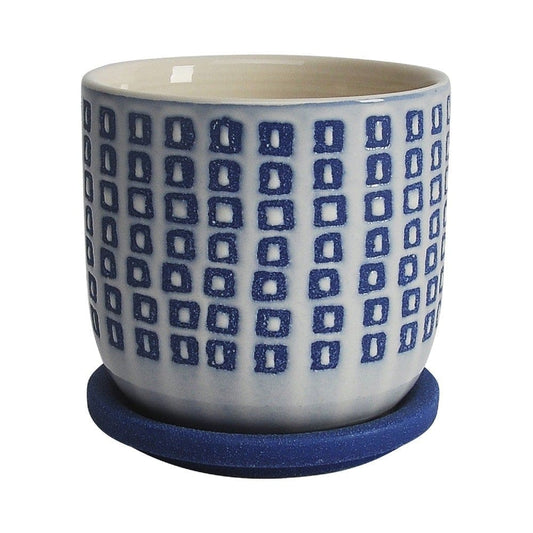 5 Inch Ceramic Planter, Saucer, Round, Square Pattern, White and Blue By Casagear Home