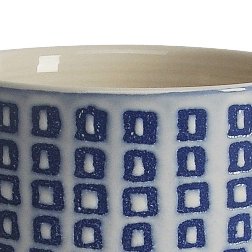 Ceramic Planter with Saucer and Square Pattern White and Blue By Casagear Home BM266250