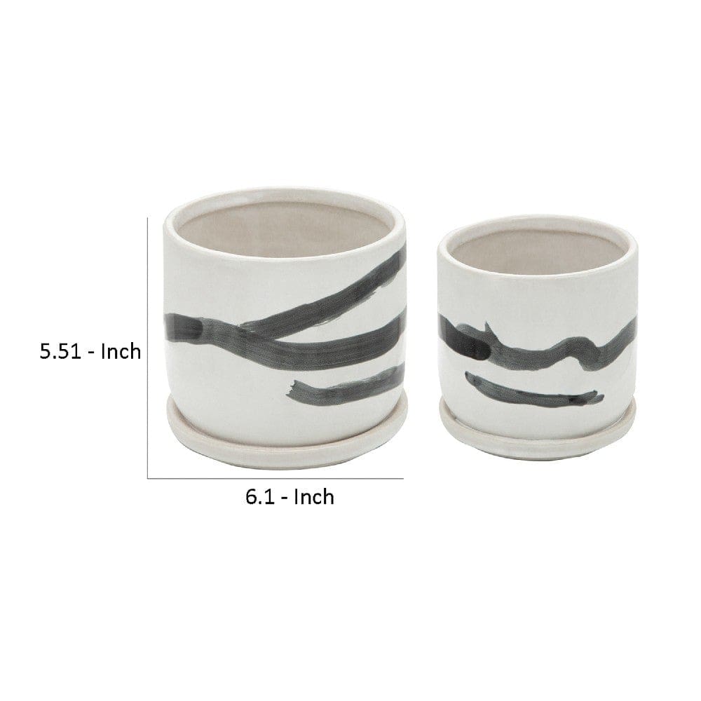 Ceramic Planter with Painted Lines and Saucer Set of 2 White By Casagear Home BM266251
