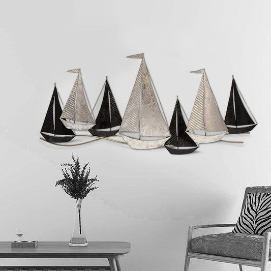Wall Decor with Metal Sailboats, Black and Silver By Casagear Home