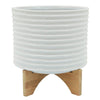Ceramic Planter with Textured Pattern and Wooden Stand, White By Casagear Home