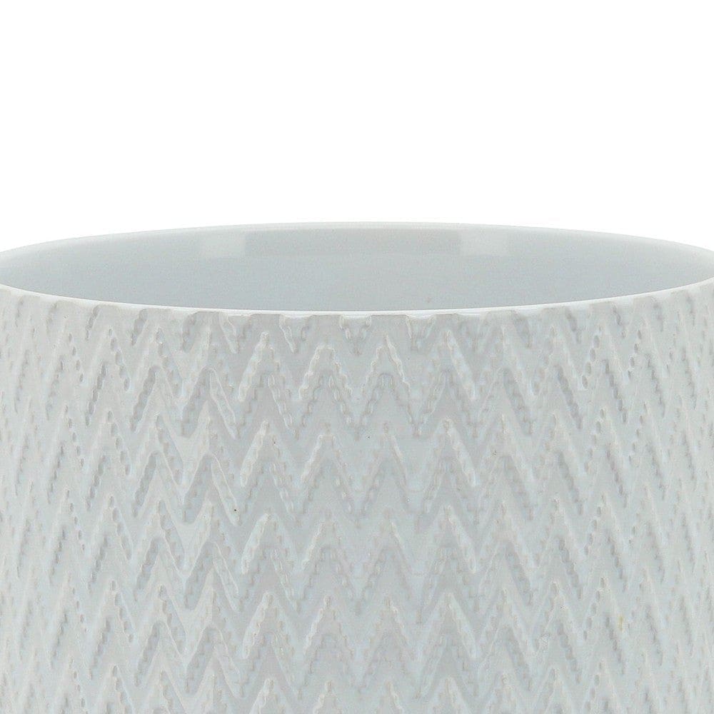 Ceramic Planter with Chevron Pattern and Wooden Stand Small White By Casagear Home BM266287