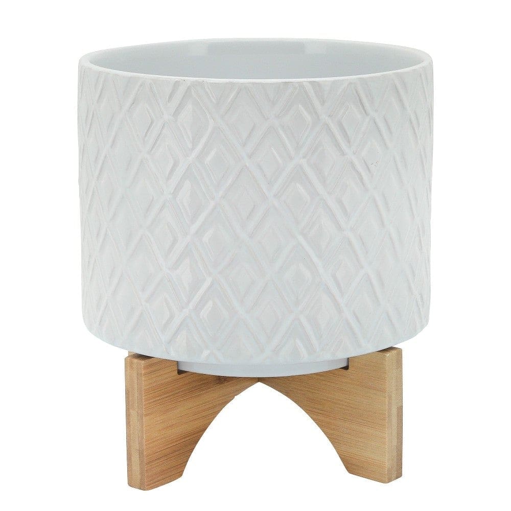 Arya Planter | Diamond Pattern | Wood Stand | White