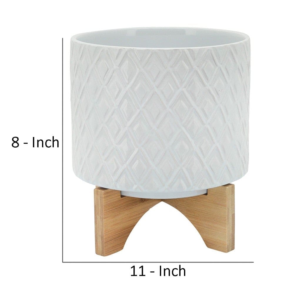 Ceramic Planter with Diamond Pattern and Wooden Stand White By Casagear Home BM266288