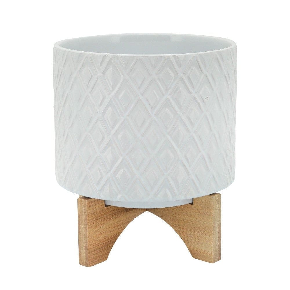 Ceramic Planter with Diamond Pattern and Wooden Stand, Small, White By Casagear Home