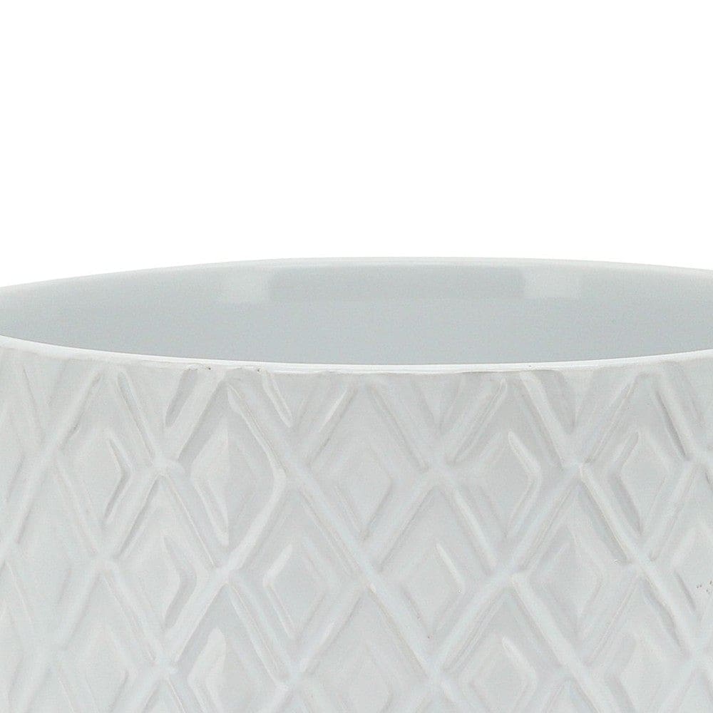 Ceramic Planter with Diamond Pattern and Wooden Stand Small White By Casagear Home BM266289
