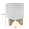 Ceramic Planter with Diamond Pattern and Wooden Stand Small White By Casagear Home BM266289