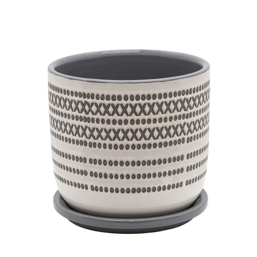 Ceramic Planter with Engraved Tribal Pattern and Saucer, Gray By Casagear Home