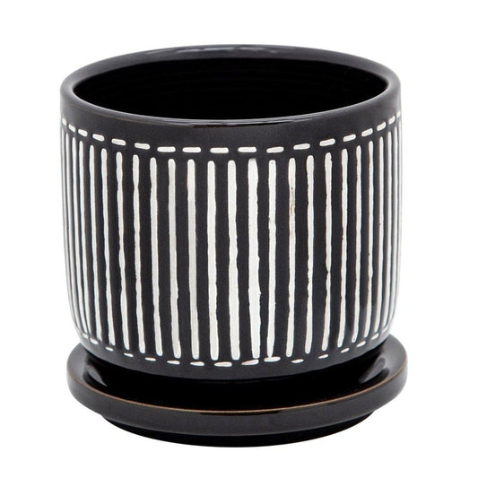 Ceramic Planter with Vertical Lines Pattern and Saucer, Black and White By Casagear Home