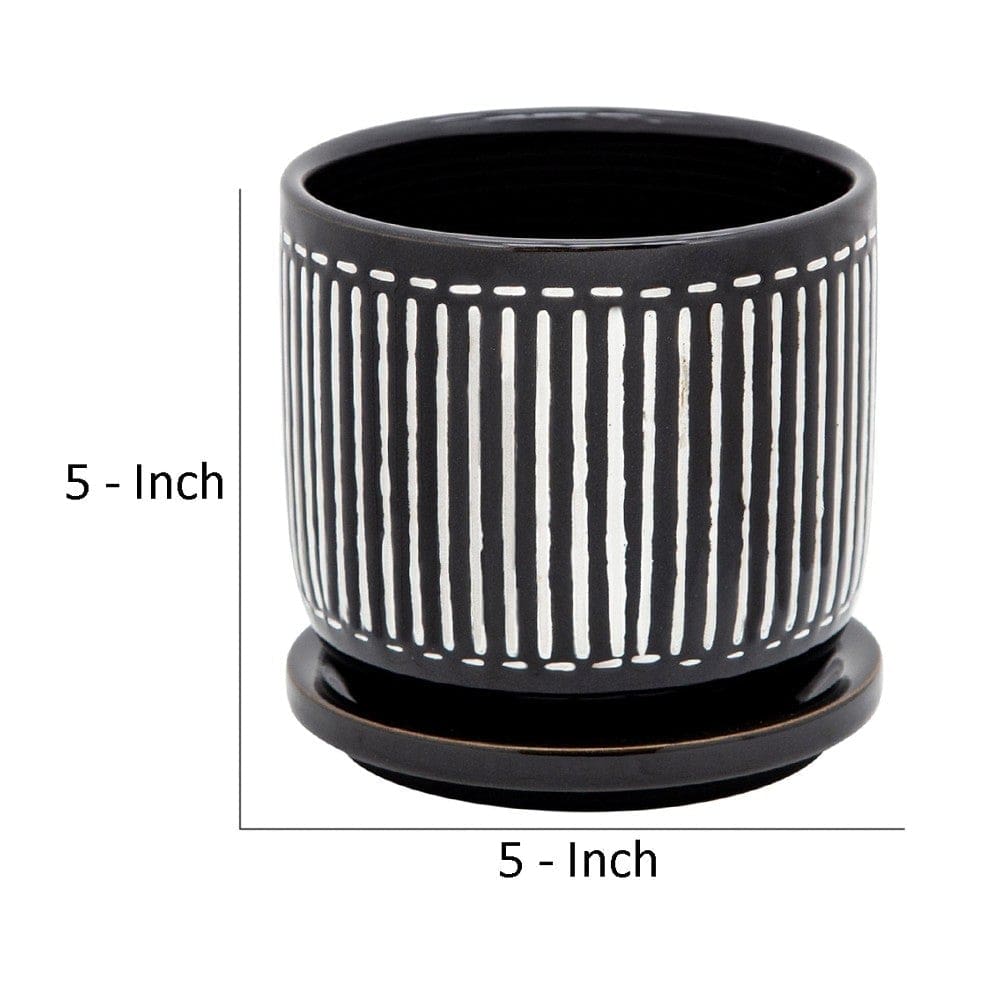 Ceramic Planter with Vertical Lines Pattern and Saucer Black and White By Casagear Home BM266292