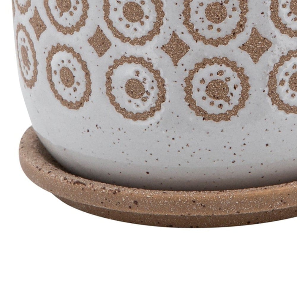 Ceramic Planter with Floral Motif Pattern and Saucer Beige and White By Casagear Home BM266296