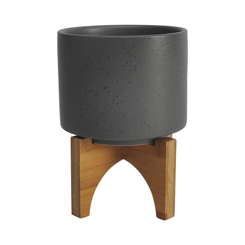 Planter with Textured Ceramic and Wooden Stand, Small, Gray By Casagear Home