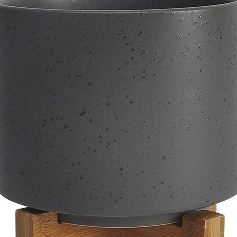 Planter with Textured Ceramic and Wooden Stand Small Gray By Casagear Home BM266299