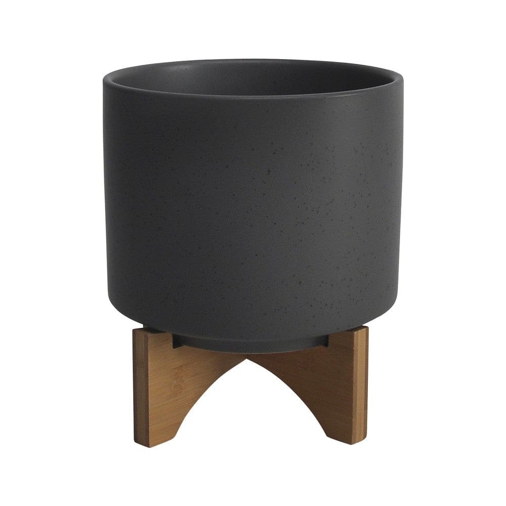 Arya Planter | Textured Ceramic | Wood Stand | Large | Gray