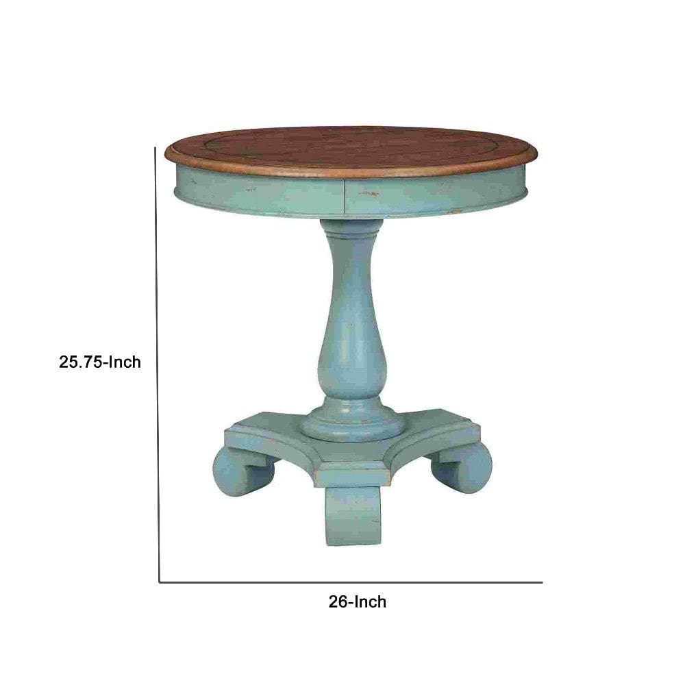 Wooden Accent Table with Round Tabletop Teal Blue and Brown By Casagear Home BM266419