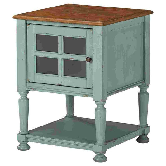 Wooden Accent Cabinet with Lattice Door Front, Teal Blue and Brown By Casagear Home