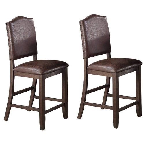 Counter Height Chair with Leatherette Seat and Rivets, Set of 2, Brown By Casagear Home