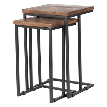 2 Piece Nesting Table with Grain Details and Metal Frame Base, Brown By Casagear Home