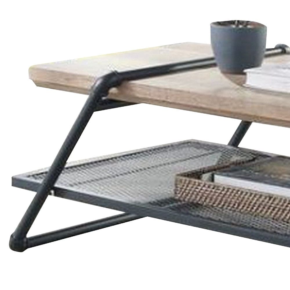 Coffee Table with Wooden Top and Mesh Shelf Brown and Black By Casagear Home BM268985