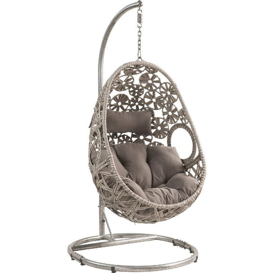 Patio Hanging Chair with Open Circular Motifs and Wicker Frame, Gray By Casagear Home