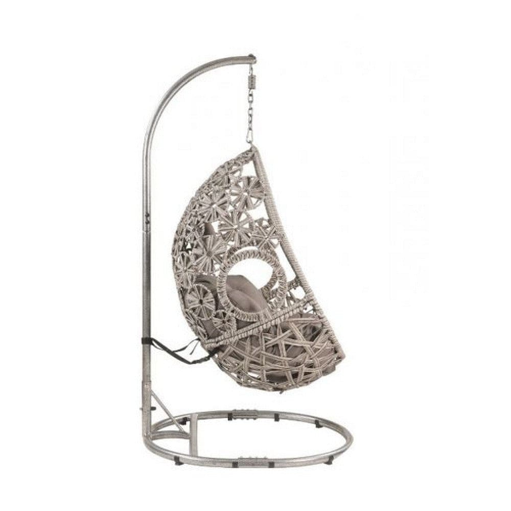 Patio Hanging Chair with Open Circular Motifs and Wicker Frame Gray By Casagear Home BM269035