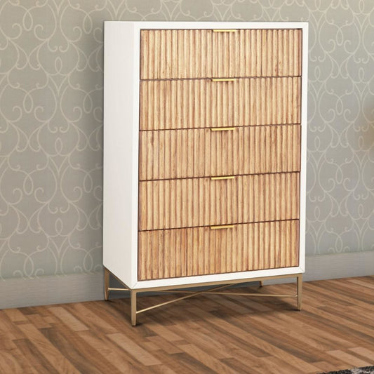 Preston Tall Dresser Chest | 5 Drawers | Corrugated Panel | Metal Base | White
