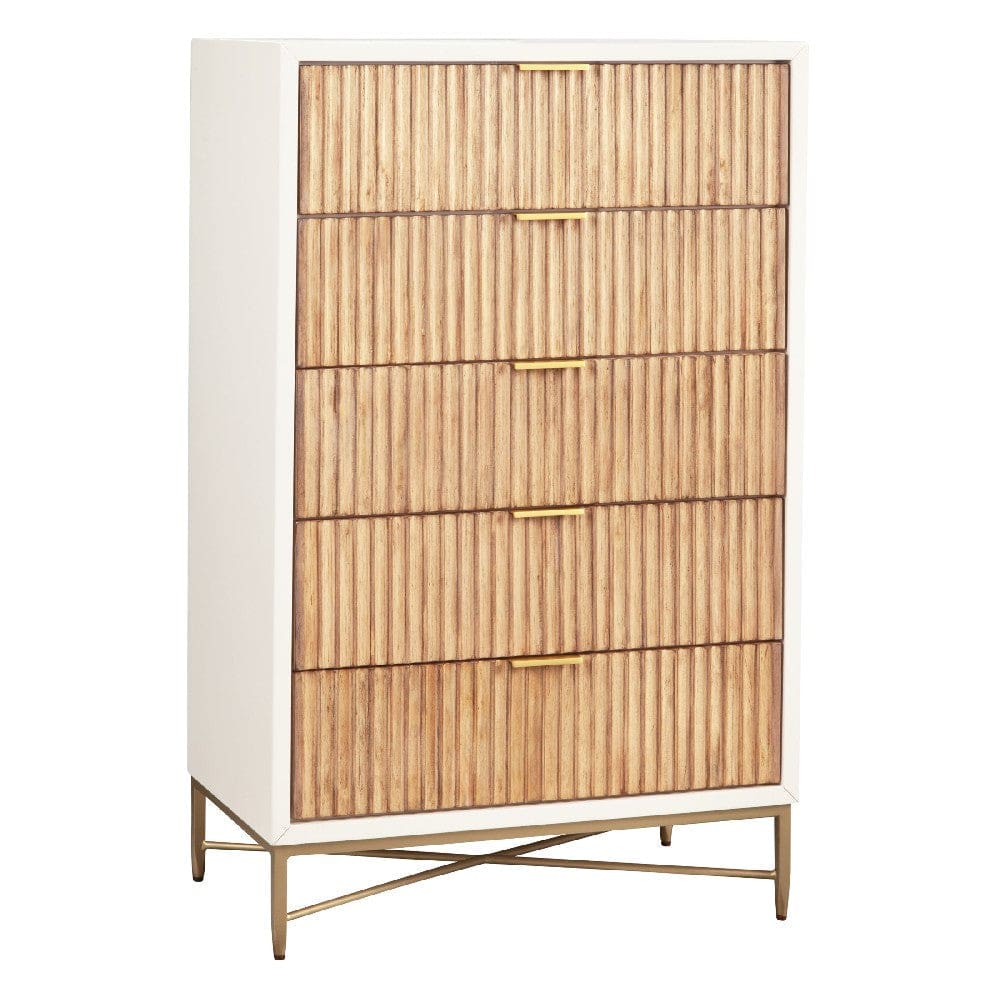 Chest with 5 Corrugated Panel Drawers and Metal Base, White By Casagear Home