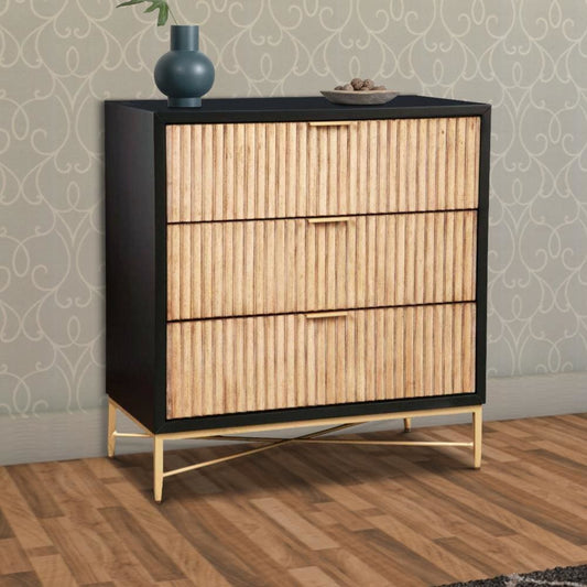 Accent Chest with 3 Corrugated Drawers and Metal Base, Black By Casagear Home
