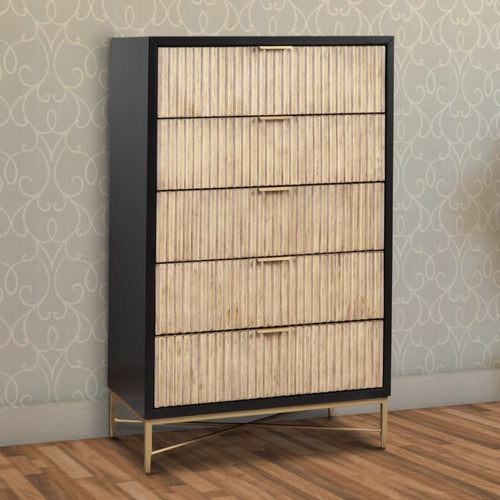 Preston Tall Dresser Chest | 5 Corrugated Drawers | Metal Base | Black