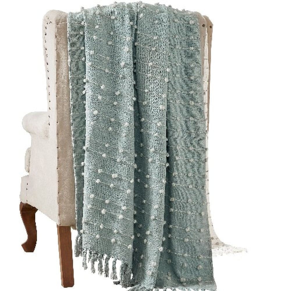 Veria 60 x 70 Cotton Throw with Pompom Stripe Design,Mint Green By Casagear Home
