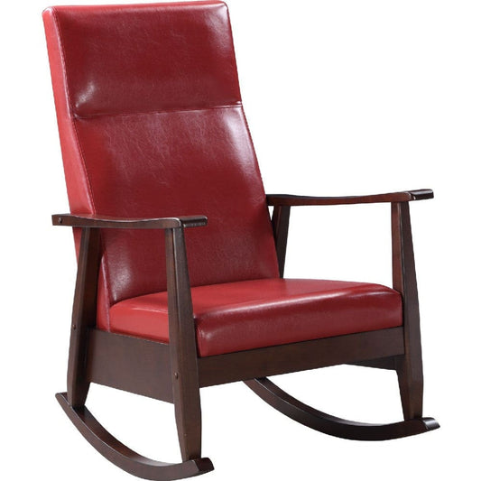 Rocking Chair with Leatherette Seating and Wooden Frame, Red By Casagear Home