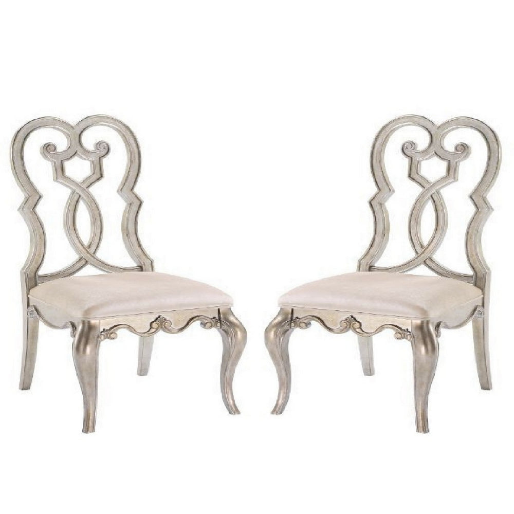 Side Chair with Wooden Scrolled Design Back, Set of 2, Beige By Casagear Home