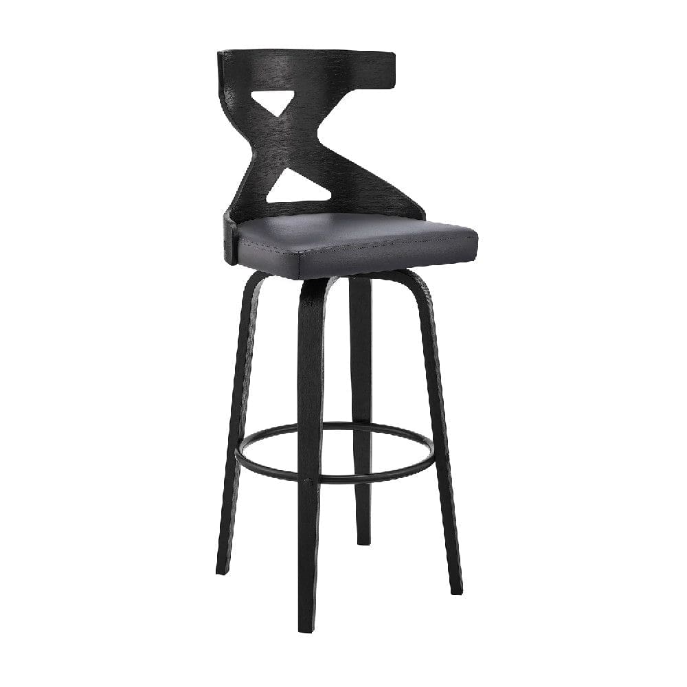 Swivel Barstool with Curved Wooden X Back, Gray and Black By Casagear Home