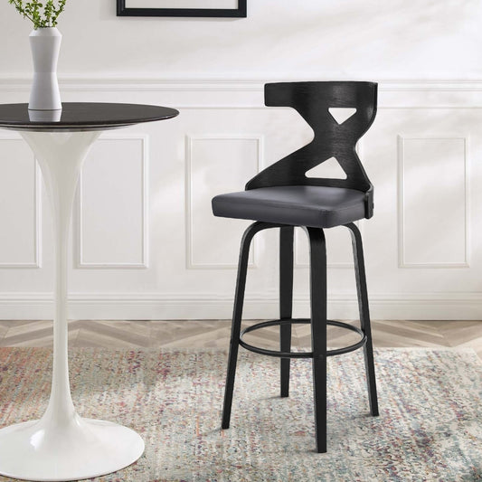 Swivel Barstool with Curved Wooden X Back, Gray and Black By Casagear Home