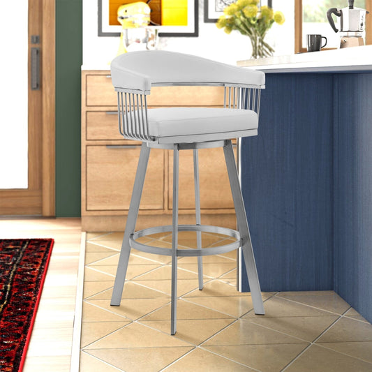 Swivel Barstool with Open Metal Frame and Slatted Arms, White and Silver By Casagear Home