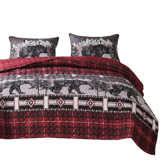2 Piece Twin Quilt Set with Bear and Plaid Pattern, Gray and Red By Casagear Home